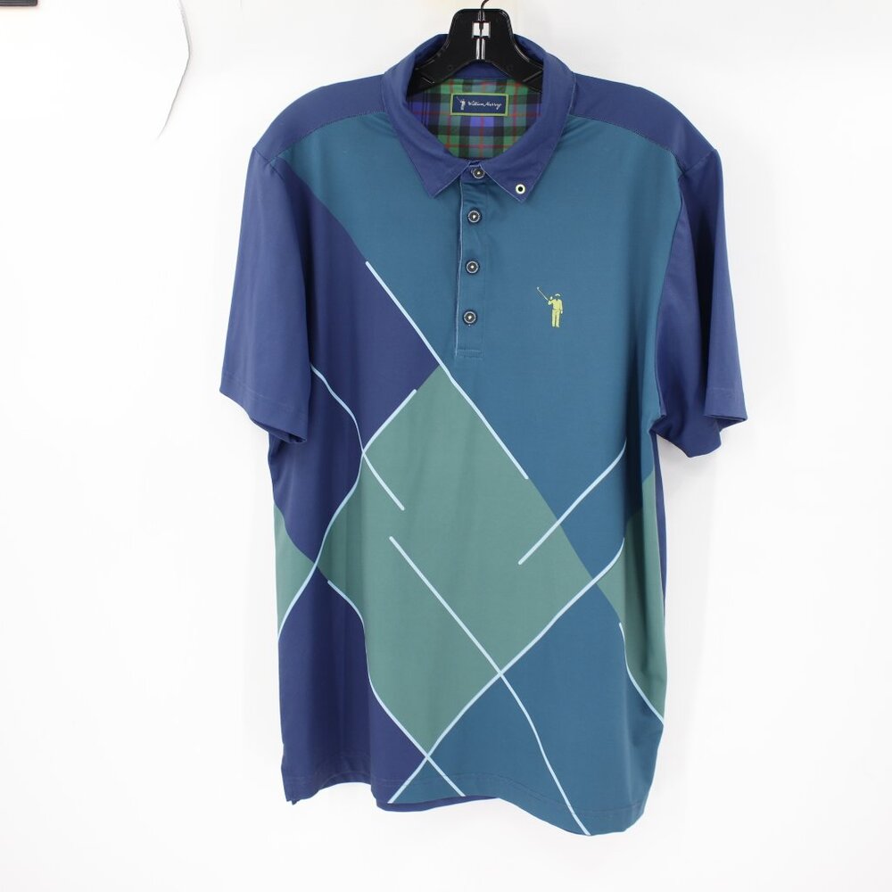 William Murray Polo Shirt Men Medium Blue Green Diamond Stretch Performance Golf